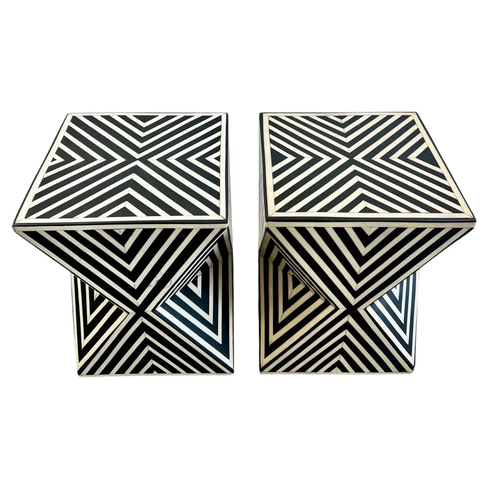 Art Deco Style Black & White Resin Sculptural Side End Table or Stool, a Pair