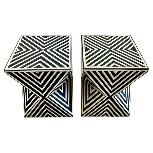 Art Deco Style Black & White Resin Sculptural Side End Table or Stool, a Pair