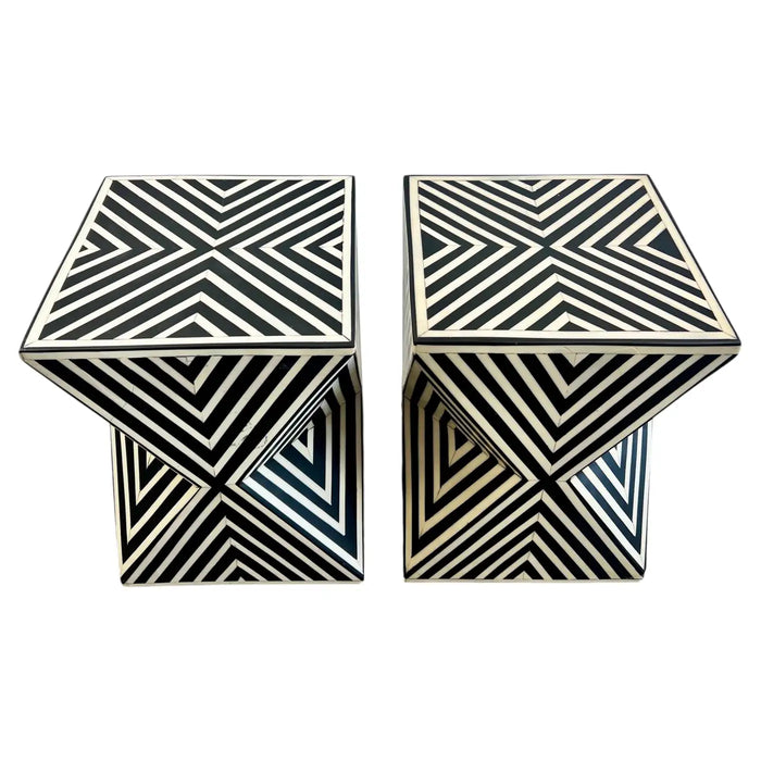 Art Deco Style Black & White Resin Sculptural Side End Table or Stool, a Pair