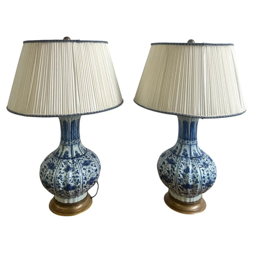 Oriental Chinese Ming Dynasty Style Blue & White Table Lamp w Org Shades, A pair