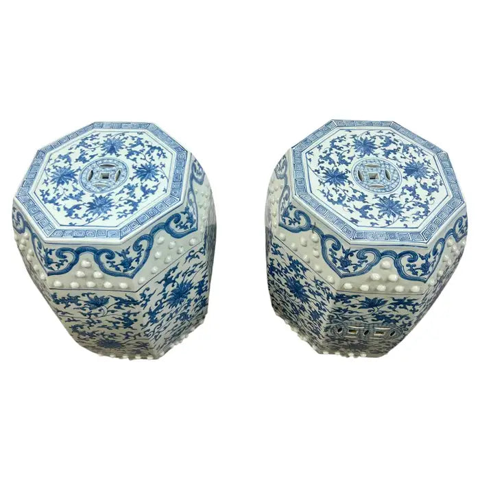 Chinese Qianlong Style Porcelain Octagonal Garden Blue & White Stool, a Pair