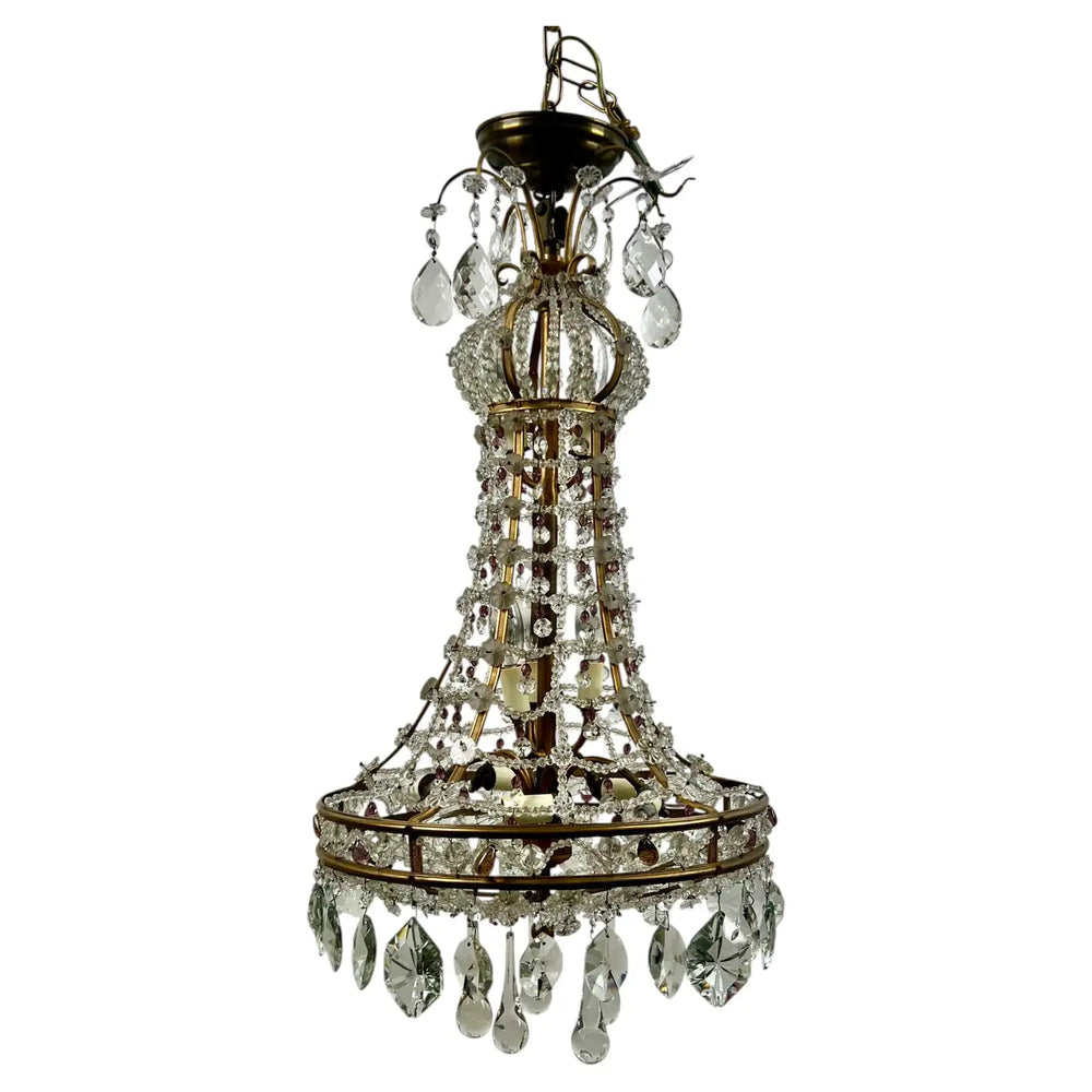 Vintage French Empire Style Gilt Bronze & Tiered Crystal & Beads Chandelier