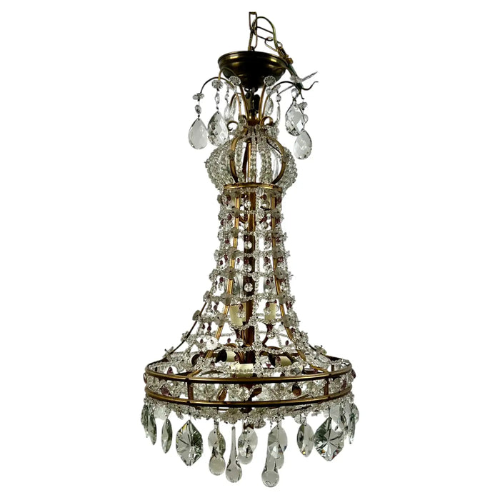 Vintage French Empire Style Gilt Bronze & Tiered Crystal & Beads Chandelier