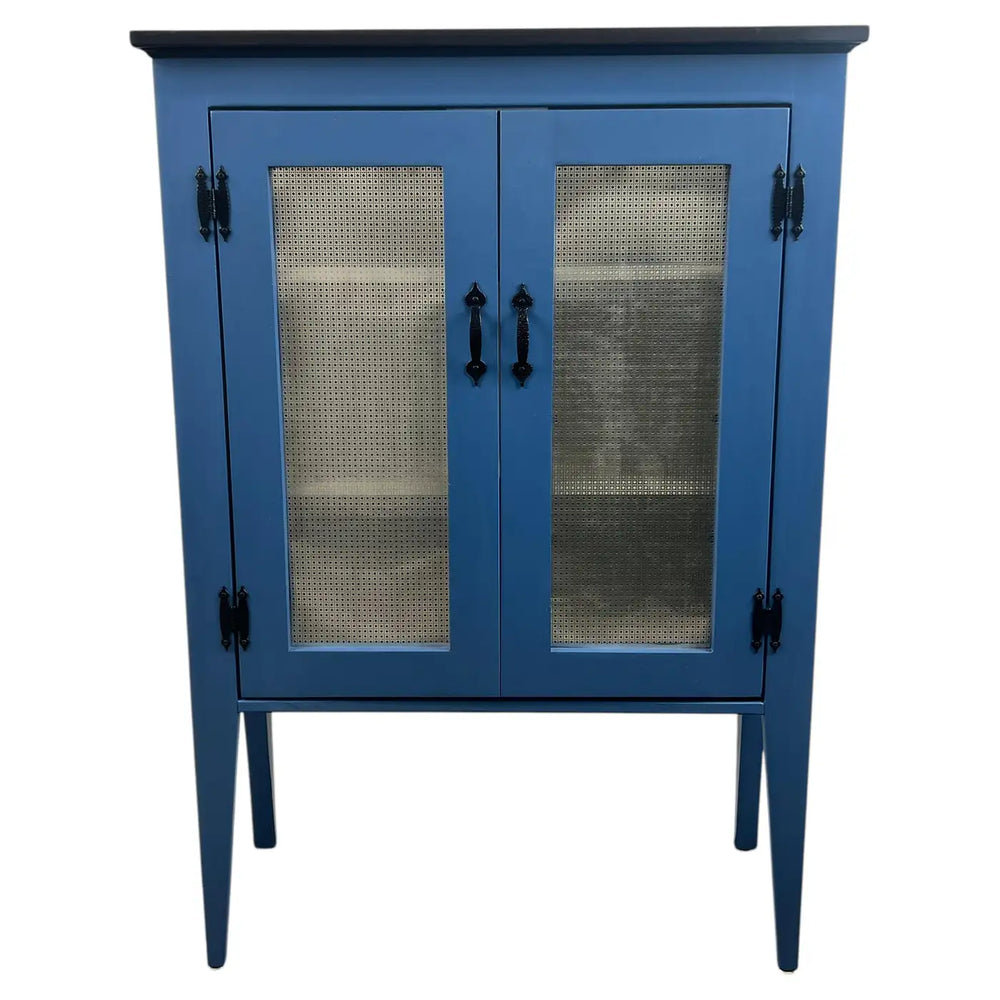 Modern Farmhouse Blue Solid Pin with Silver-Tone Mesh Doors Server or Cabinet