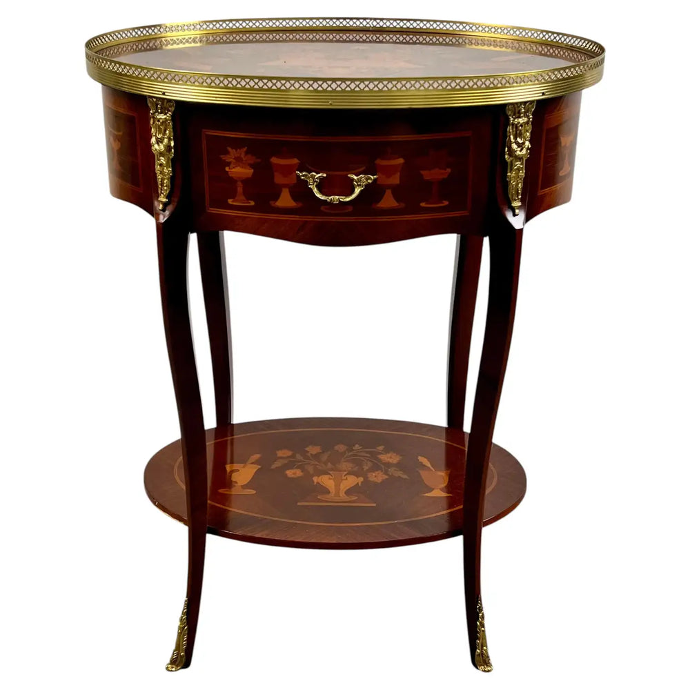 French Baroque Revival Style Oval Marquetry Side or End Table with Ormolu Accent