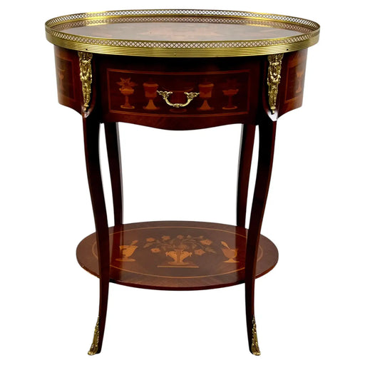 French Baroque Revival Style Oval Marquetry Side or End Table with Ormolu Accent