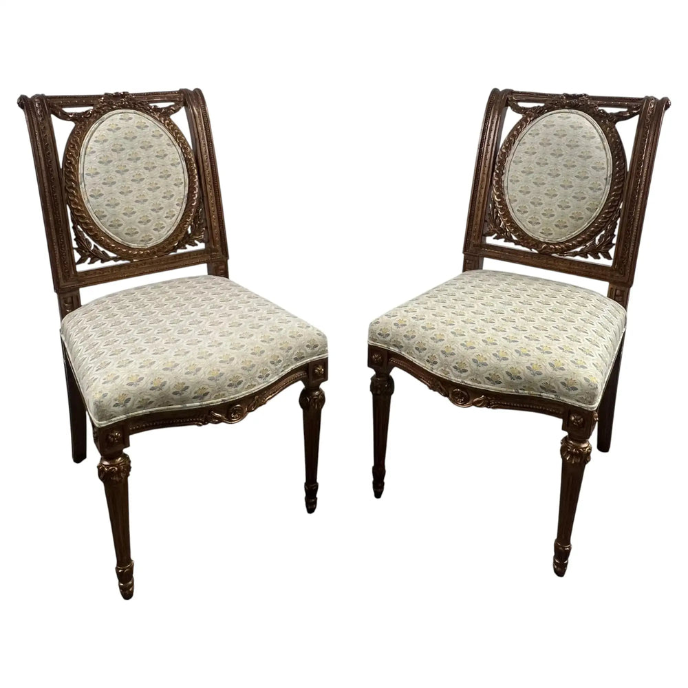 Vintage French Louis XVI Style Oak Side Chairs, Carved Cameo Back, Pair