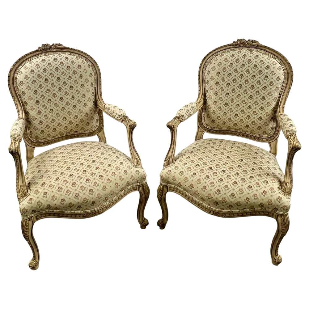 French Louis XV Style Bergère Armchair, Painted Frame, Floral Embroidery, a Pair