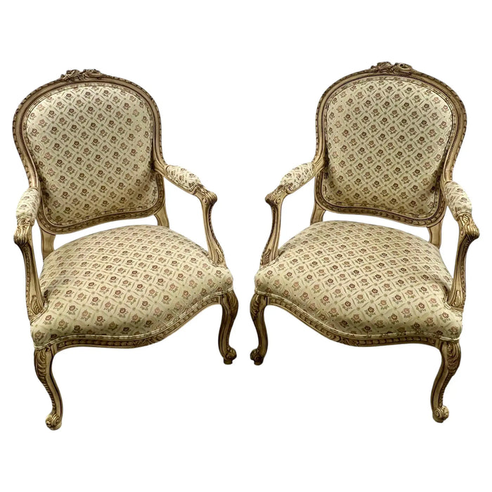 French Louis XV Style Bergère Armchair, Painted Frame, Floral Embroidery, a Pair