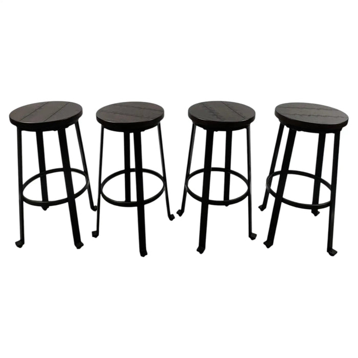 Vintage Industrial Style Round Wood Top Bar Stools w Black Iron Legs, Set of 4