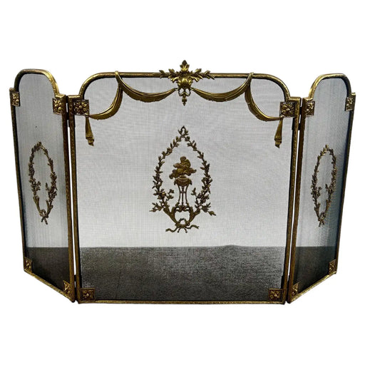 Vintage French Provincial Louis XVI Style Brass Trifold Mesh Screen Fireplace