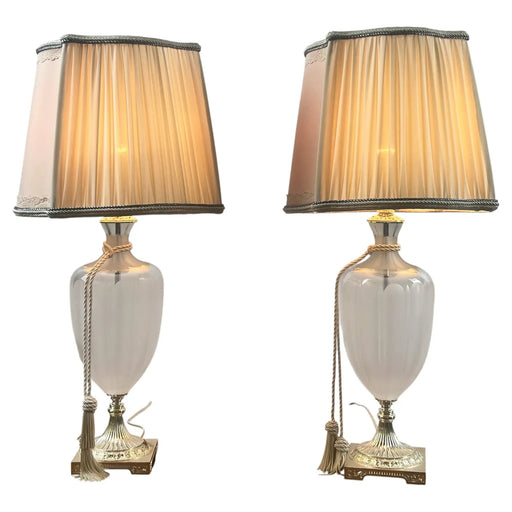 Vintage Neoclassical Style Frosted Glass Urn Table Lamps, Silver Base, a Pair