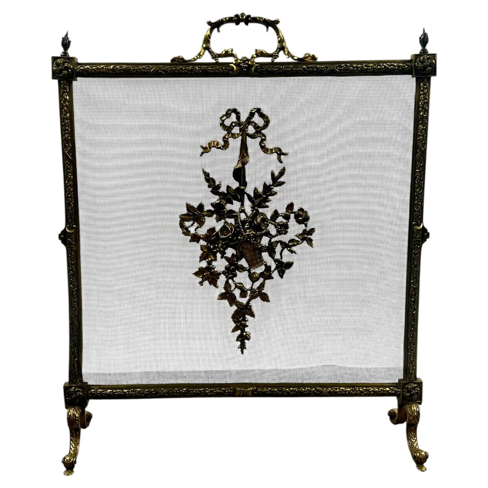 Antique French Art Nouveau Brass Firescreen with Floral & Ribbon Bouquet