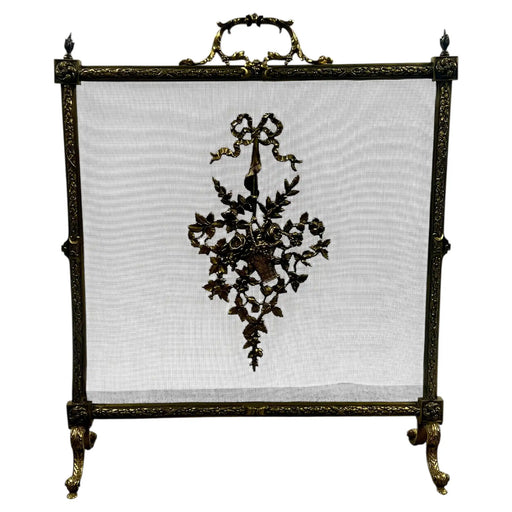 Antique French Art Nouveau Brass Firescreen with Floral & Ribbon Bouquet
