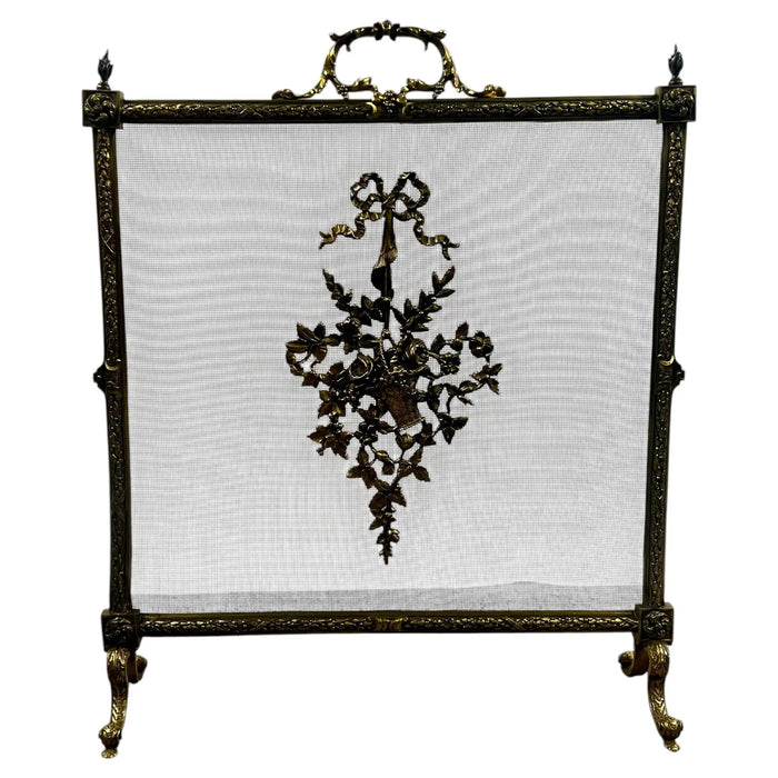 Antique French Art Nouveau Brass Firescreen with Floral & Ribbon Bouquet