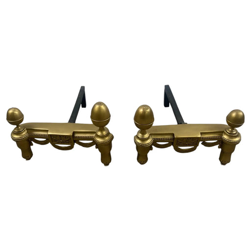 Vintage French Louis XVI Brass Andirons with Acorn Finials & Swag Detail, a Pair