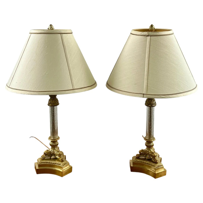 Vintage Empire Style Brass Fluted Crystal Column Table Lamp 1970's , a Pair