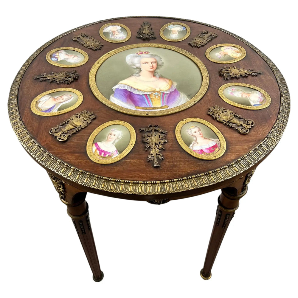 19th C French Louis XVI Mahogany & Bronze w Sèvres Style Portraits Salon Table