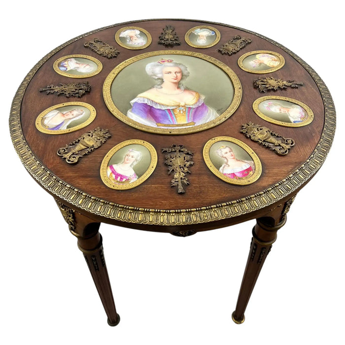 19th C French Louis XVI Mahogany & Bronze w Sèvres Style Portraits Salon Table