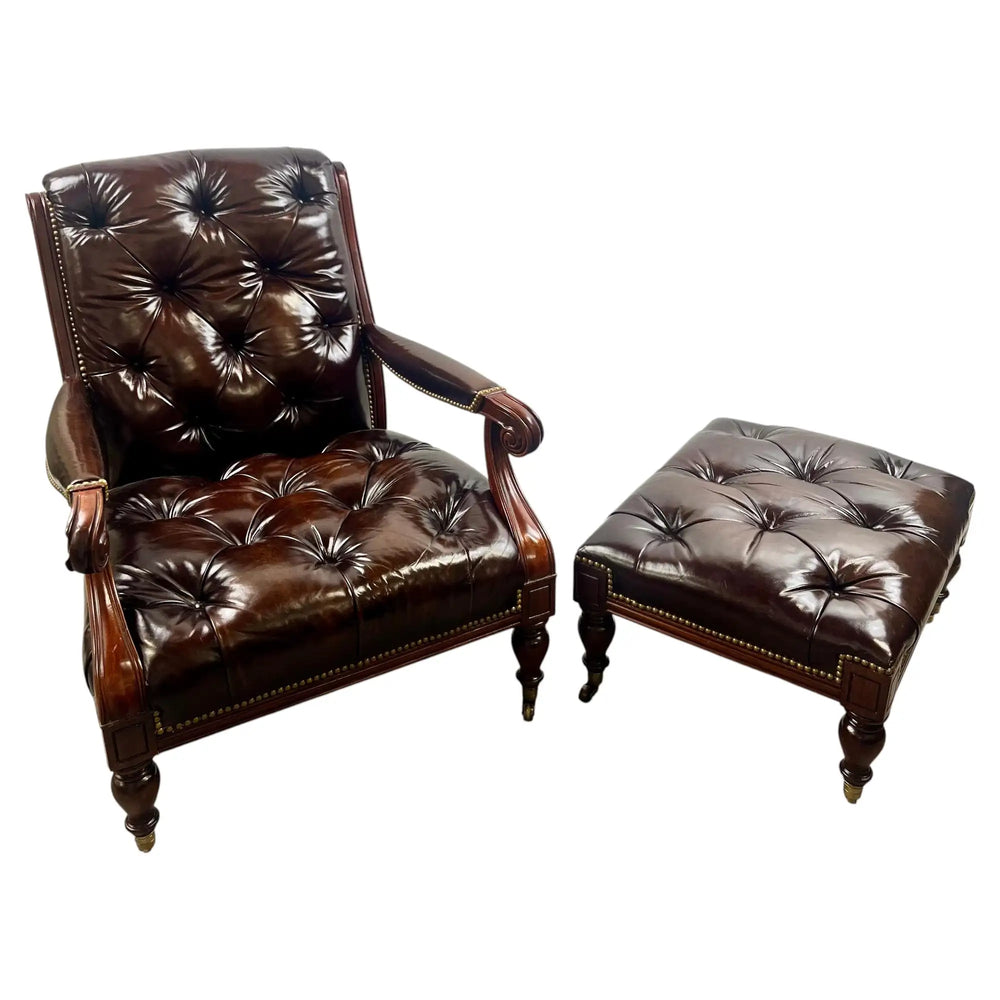 Chesterfield English Style Tufted Leather Library Chair & Ottoman by Hickory