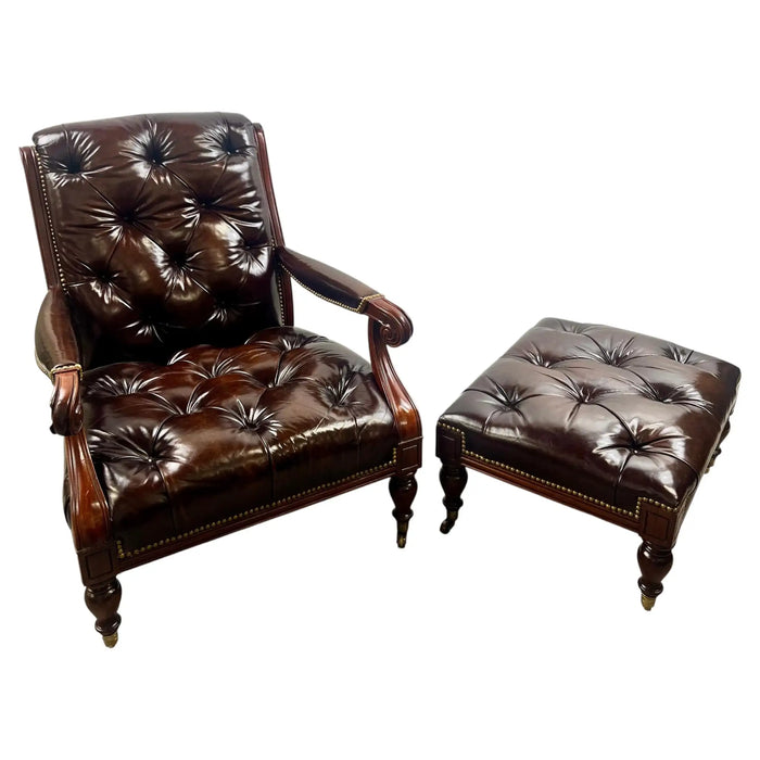 Chesterfield English Style Tufted Leather Library Chair & Ottoman by Hickory
