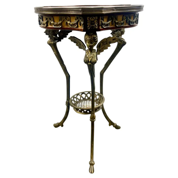 French Empire Louis XV Style Winged Angels Bronze Inlaid Gueridon Pedestal Table