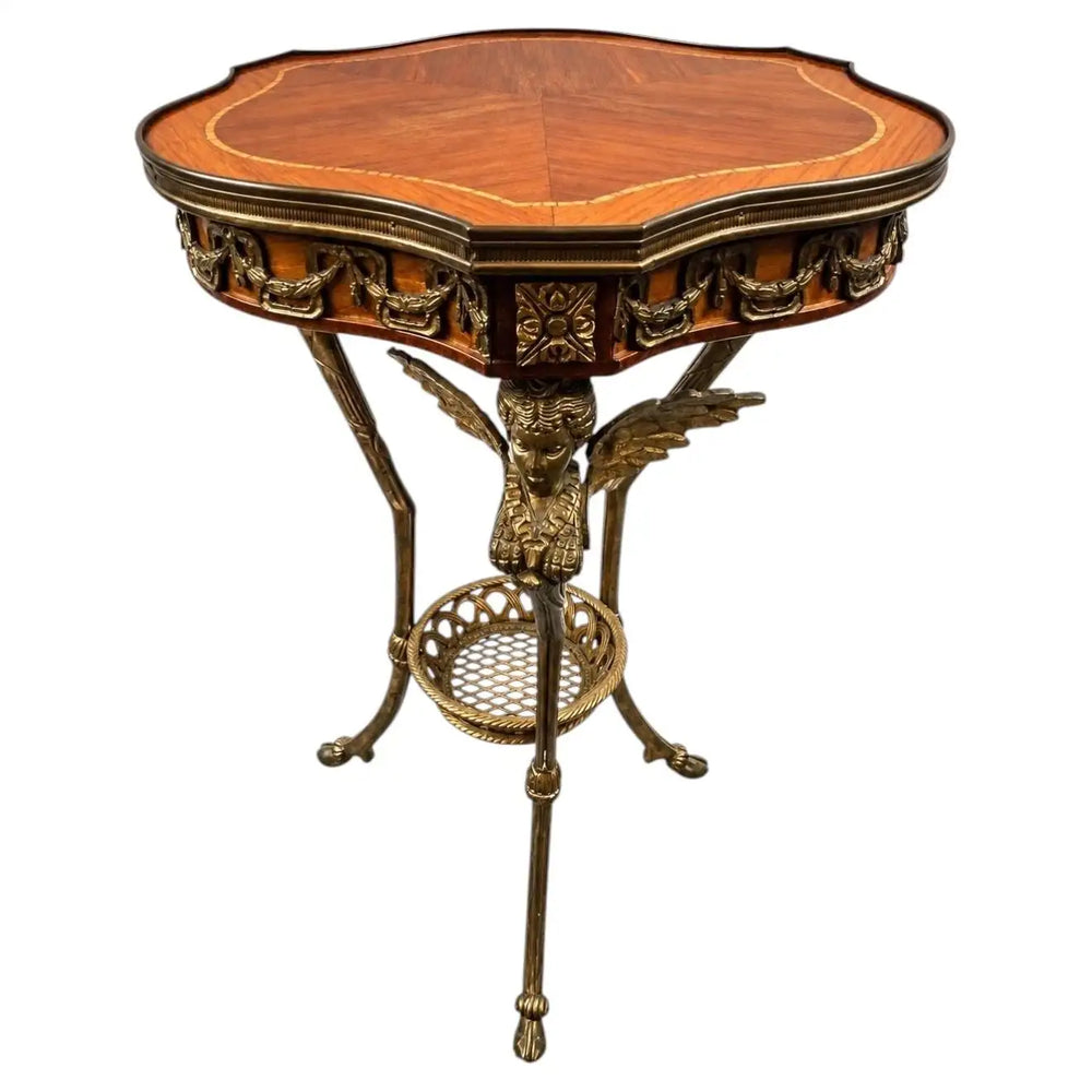 French Empire Louis XV Style Winged Angels Bronze Inlaid Gueridon Pedestal Table
