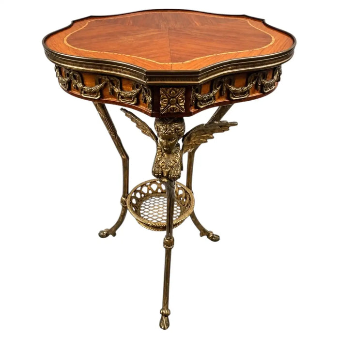 French Empire Louis XV Style Winged Angels Bronze Inlaid Gueridon Pedestal Table