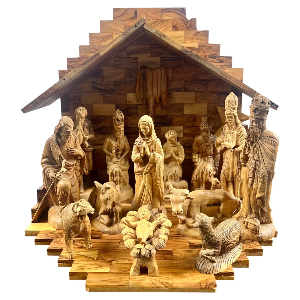 Religious Hand Carved Olive Wood Nativity Set with Stable, Holy Family, Wise Men