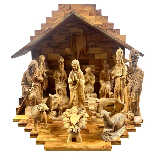 Religious Hand Carved Olive Wood Nativity Set with Stable, Holy Family, Wise Men