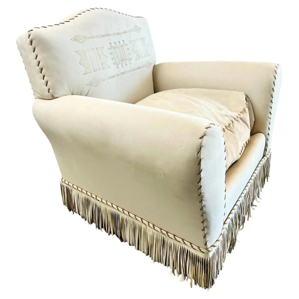 Vintage Ralph Lauren Leather Club Chair, Hand-Painted Arrowhead & Fringe, 1980's