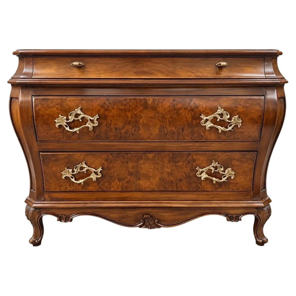 Karges Louis XVI Style Bombe Burl Walnut Three-Drawer Commode or Chest, 1980's