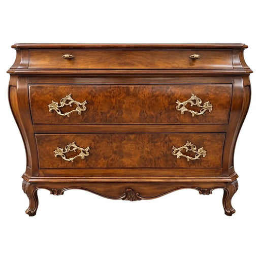 Karges Louis XVI Style Bombe Burl Walnut Three-Drawer Commode or Chest, 1980's