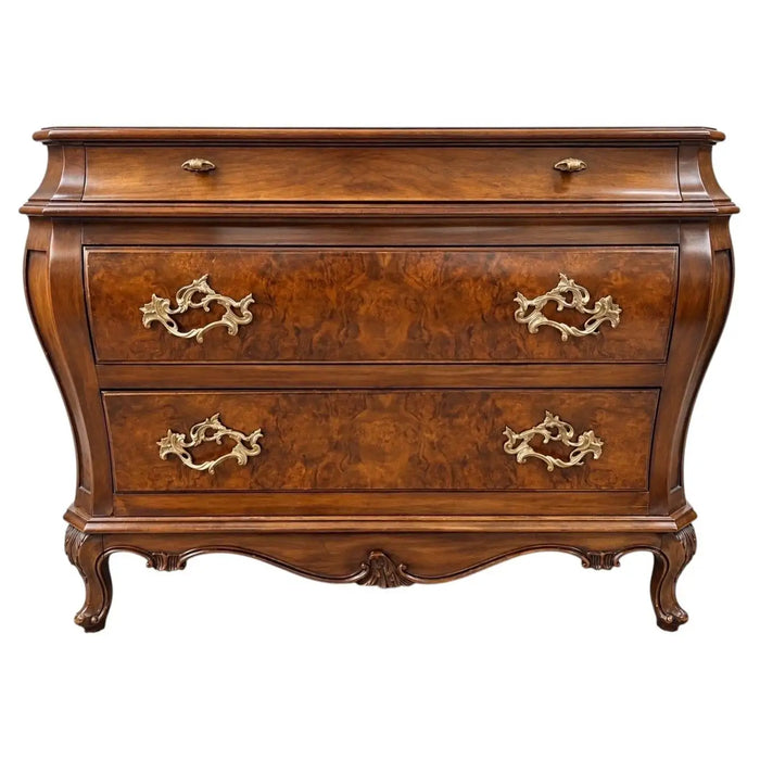 Karges Louis XVI Style Bombe Burl Walnut Three-Drawer Commode or Chest, 1980's
