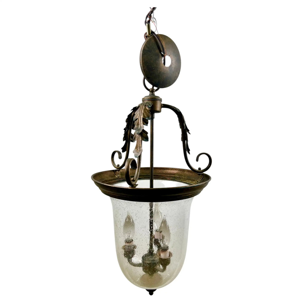 French Regency Style Bell Jar Pendant with Seeded Glass and Acanthus Leaf Bronze
