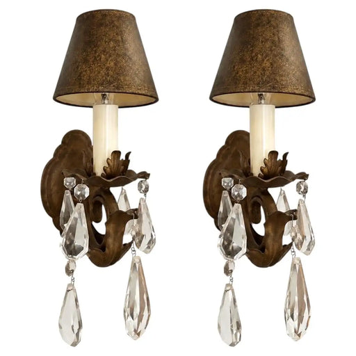 French Regency Style Bronze Wall Sconces with Crystal Drops and Shades, a Pair