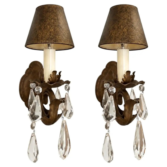 French Regency Style Bronze Wall Sconces with Crystal Drops and Shades, a Pair