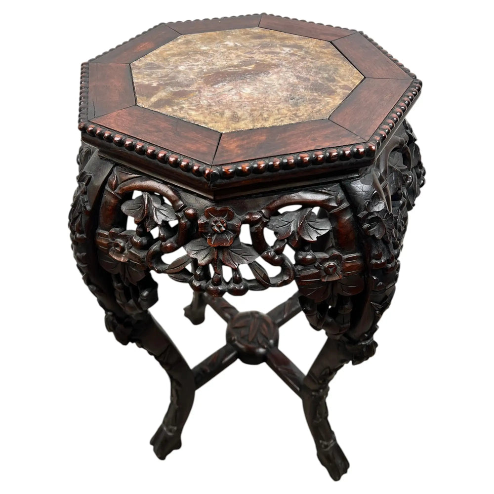 Antique Chinese Rosewood Hand Carved Octagonal w Marble Insert Pedestal or Table