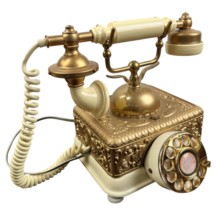 Vintage French Style Brass Rotary Telephone with Ornate Repoussé Cream Enamel Base