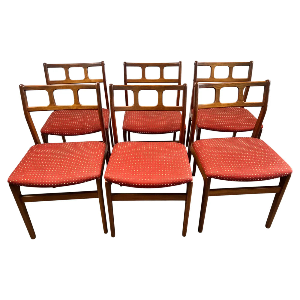 Danish Mid-Century Modern Teak Dining Chairs w Rust Red Dotted Upholstery, Set 6