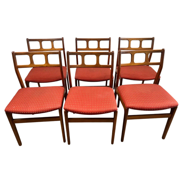 Danish Mid-Century Modern Teak Dining Chairs w Rust Red Dotted Upholstery, Set 6