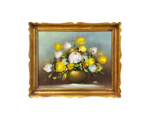 Still Life Oil on Canvas painting of White and Yellow Roses, Signed