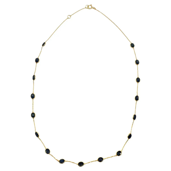 7.80 Carat Oval Blue Sapphire Station Chain Necklace in 18k Solid Yellow Gold