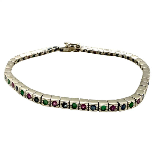Art Deco Style Sterling Silver Ruby, Emerald & Sapphire Tennis Bracelet, 9 CT