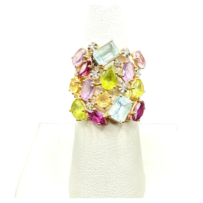 Multi-Gemstone 18K Gold Statement Cocktail Ring, Aquamarine Peridot Amethyst