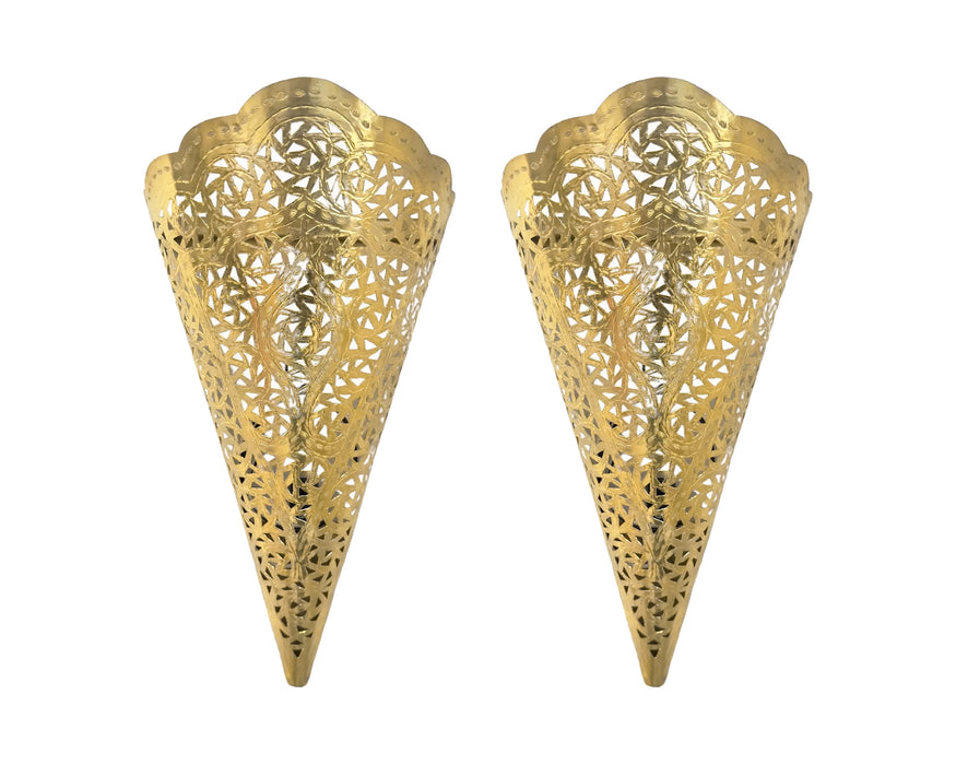 Moroccan Moorish Brass Cone Shaped Wall Sconce Shade, a Pair