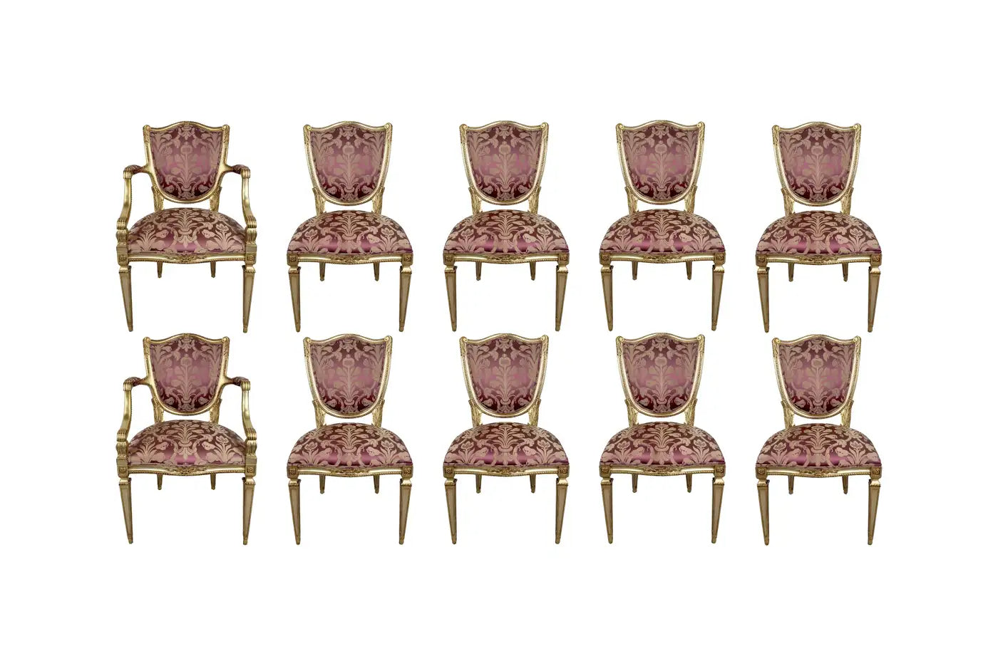 French Louis XVI Style Gilt & Plum Damask Pattern Upholstery Dining Chairs 10pcs