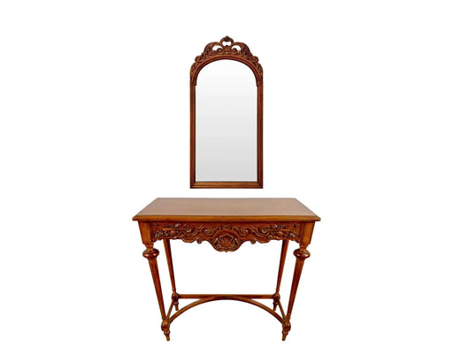 French Country Style Walnut Craved Small Console & Mirror with Antiqued Glass