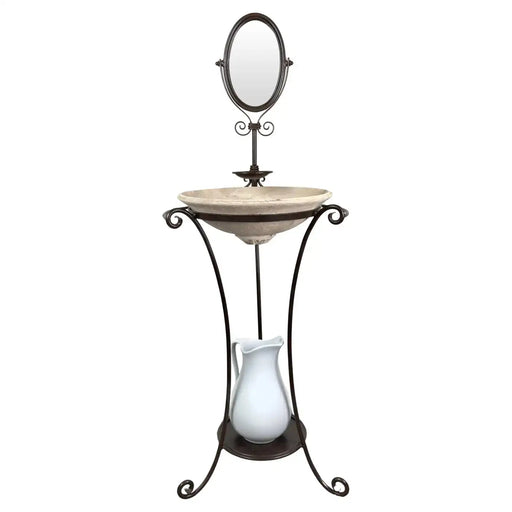 English Victorian Wrought Iron Wash Stand with Oval Mirror, Basin and Pitcher