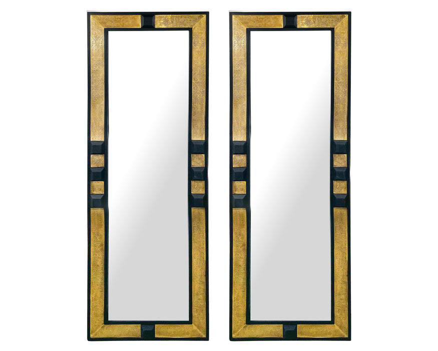 Hollywood Regency Brass and Ebony Wood Pier or Wall Mirror, a Pair